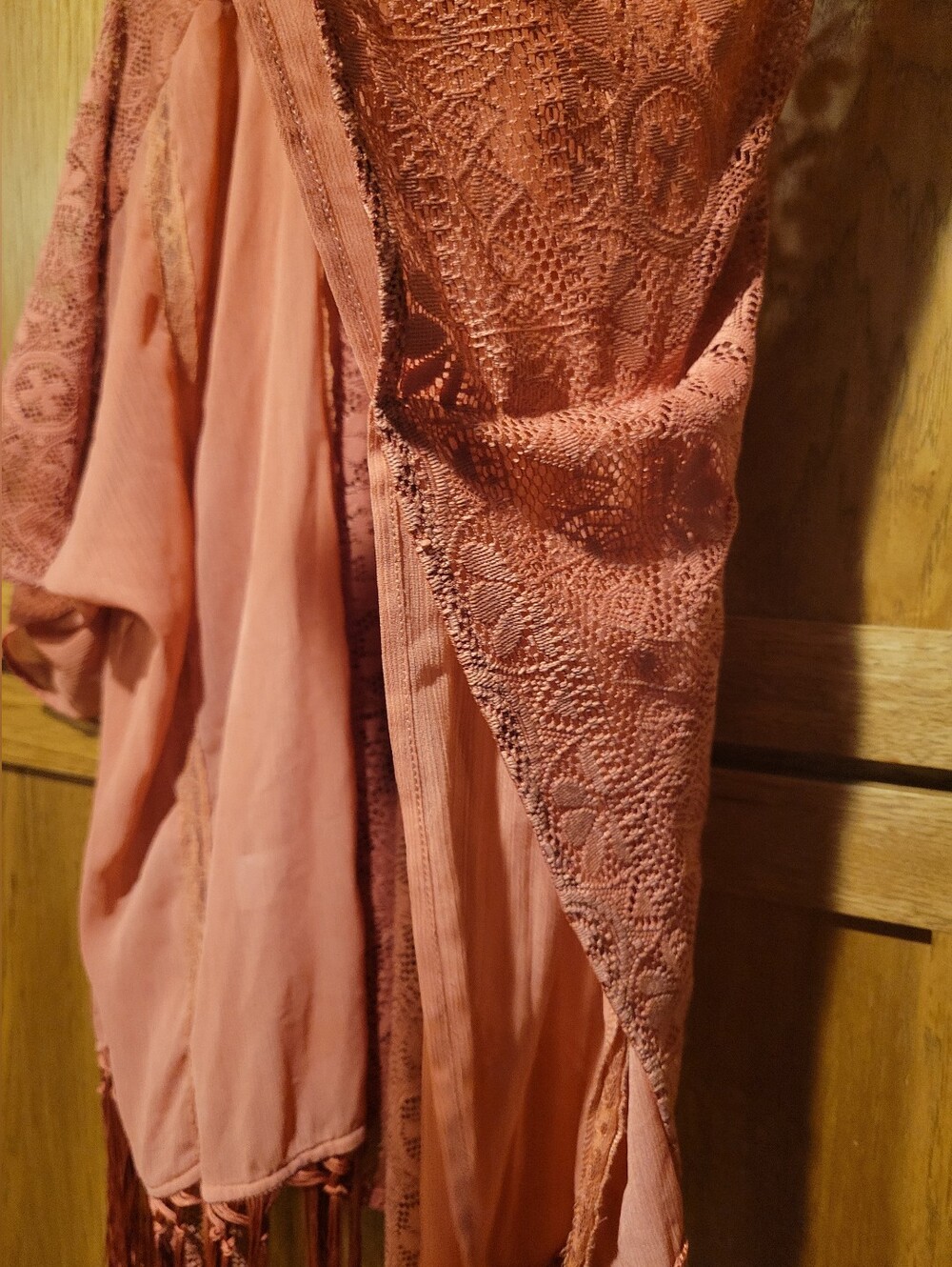 Maurice's Coral Pink Lace Back Tassel Kimono Cover-up  S/M - Picture 11 of 11